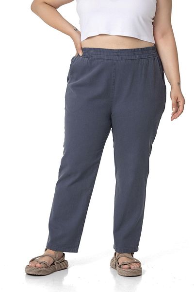 DISENTIS MODEST Plus Size Gabardine Anthracite Trousers with Elastic Waist and Pockets