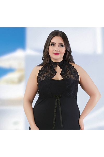 JENİKA Cămașă de noapte din viscoză, confortabilă și elegantă, cu detaliu din dantelă, neagră -