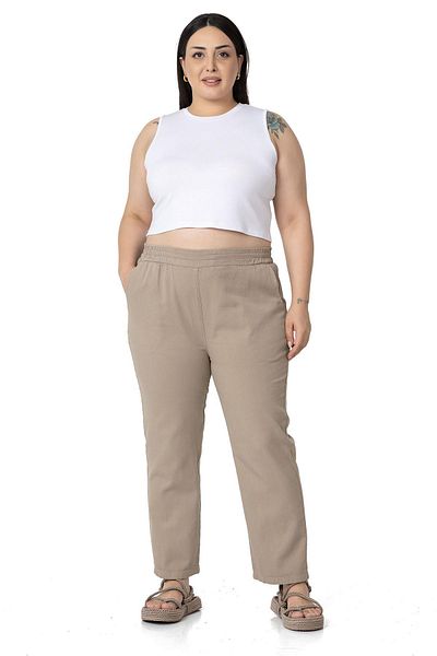 DISENTIS MODEST Plus Size Gabardine Mink Trousers with Elastic Waist and Pockets