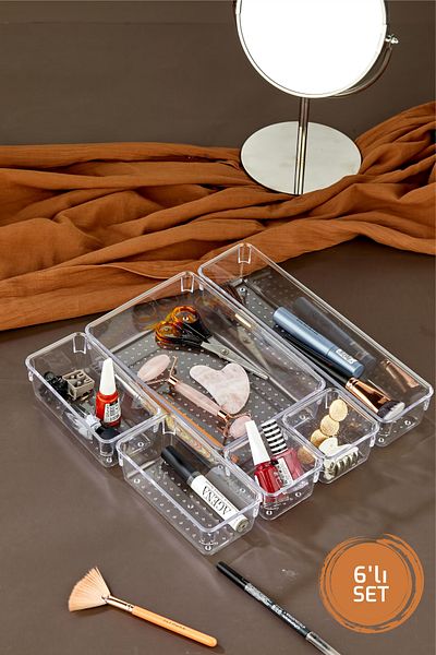 Stile Cucina 6 Piece Adjustable Drawer Organizer Makeup and Jewelry Organizer Transparent