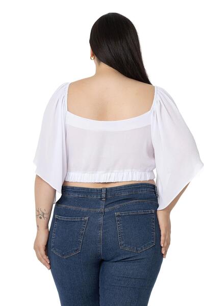 DISENTIS MODEST Plus Size Φαρδύ μανίκι ελαστική μέση και λευκή μπλούζα Gathered Crop
