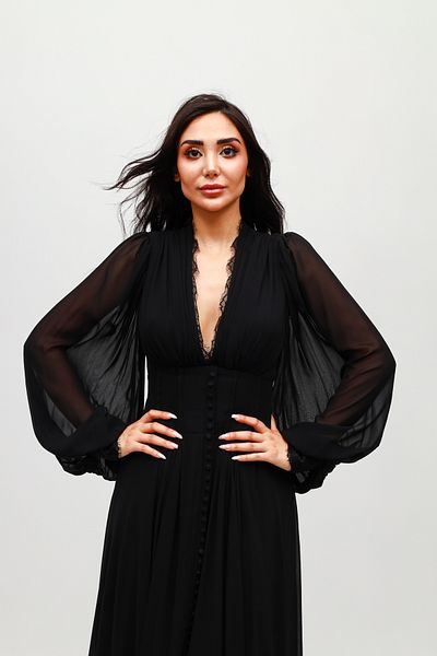 HaHelin Long Evening Dress with Collar and Button Detail