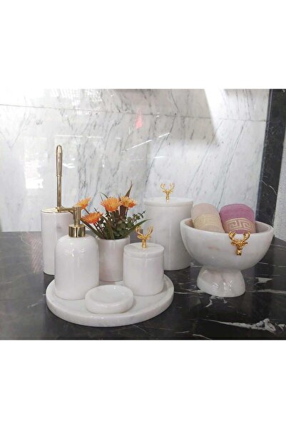 Sümeyra Marble Art ماربولي - طقم حمام من الرخام الأبيض الطبيعي | 8 قطع |ذهبي| وعاء رخامي