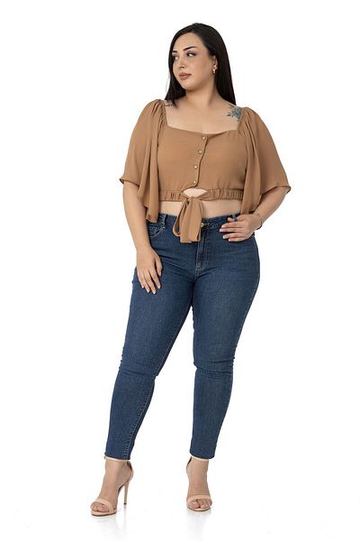 DISENTIS MODEST Plus Size Wide Sleeve Elastic Waist and Gathered Crop Camel Blouse