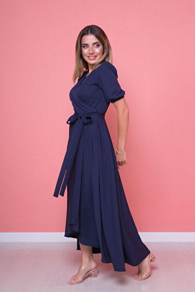 NO48 Námořnicky modré šaty asymetrického střihu s dvojitým límcem a krátkým rukávem z tkané látky s řasením