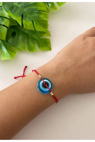 Atelier Çağla Blue Round Glass Red String Bracelet