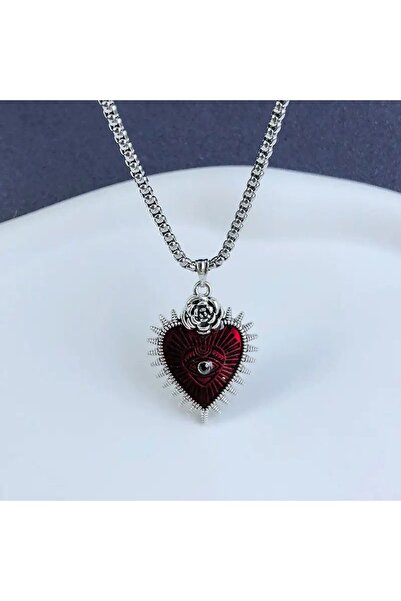 Herşey Nota Rose Eye Of Heart Gotik Kalp Paslanmaz Çelik Kolye Kırmızı