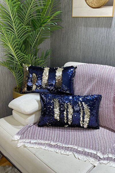 Paris Life غطاء وسادة مستطيل الشكل ذو وجهين مزين بالترتر - أزرق داكن وذهبي