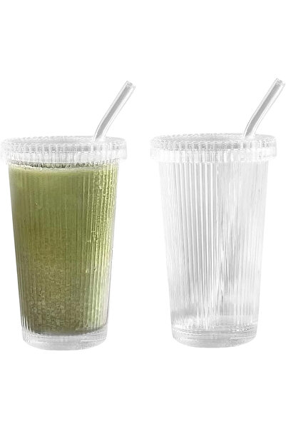 Trouvaille 600 Ml Mika Origami Style Glass Cup with Straw with Lid Origami Style Cold Coffee Soft Drink Glass