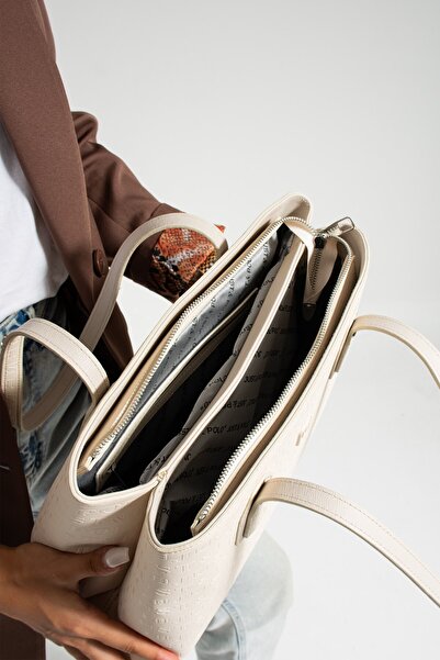 Just Polo Cream New Season Large Size 2 Compartment Hand and Shoulder Bag 30x33