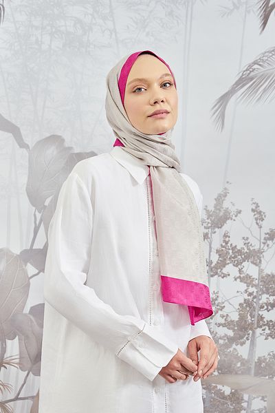ARMANDA Checkerboard Monogram Shawl - Stone and Fuchsia Color