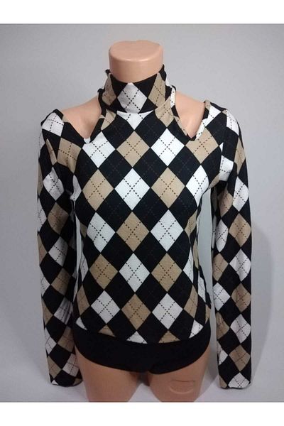 TİLLE Femei, negru, nurcă, model diamant, decolteu cu guler înalt, cu mânecă lungă, subțire, crop din pânză