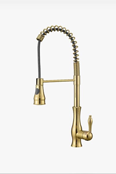 İSAOĞLU YAPI Gold Mutfak Bataryası Spiralli Evye Musluğu Endüstriyel Country Tasarım Tazzik Ayarlı Altın Batarya