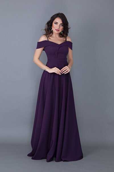 NO48 Mürdüm Maxi Boy Omuz Detaylı Askılı Kloş Model Elbise