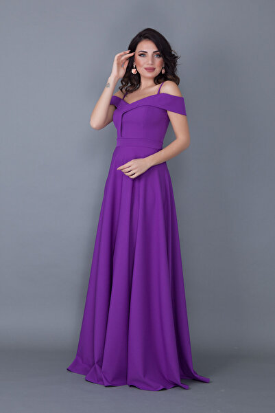 NO48 Mor Maxi Boy Omuz Detaylı Askılı Kloş Model Elbise
