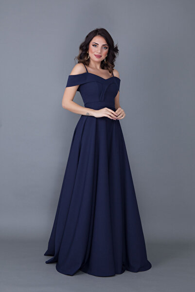 NO48 Lacivert Maxi Boy Omuz Detaylı Askılı Kloş Model Elbise