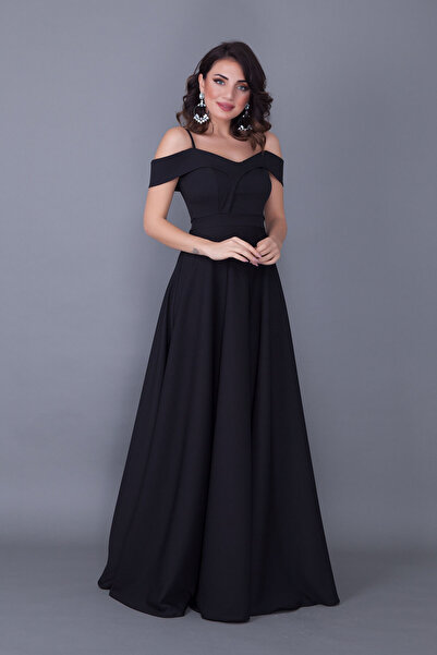 NO48 Rochie model evazată cu bretele, lungime maxi neagră