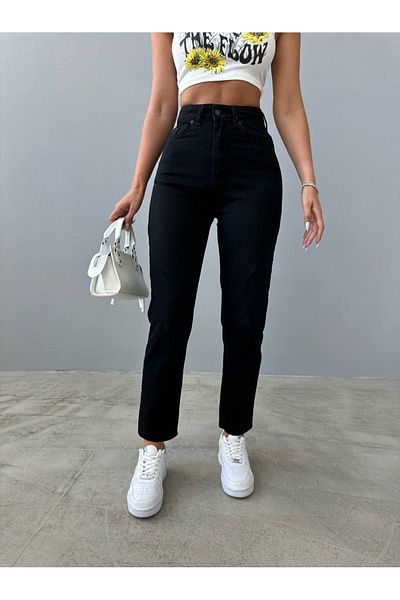 MAKRAS EXCLUSIVE Černé korálové dámské džíny s vysokým pasem - Mom Fit