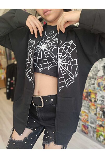 MECH BUTİK Cardigan negru cu glugă cu glugă cu imprimeu din pânză de păianjen