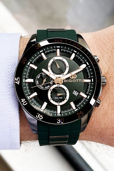 Bigotti Silicone Band Men's Wristwatch 5 ATM Waterproof Green Color + Bracelet BMER2003C4