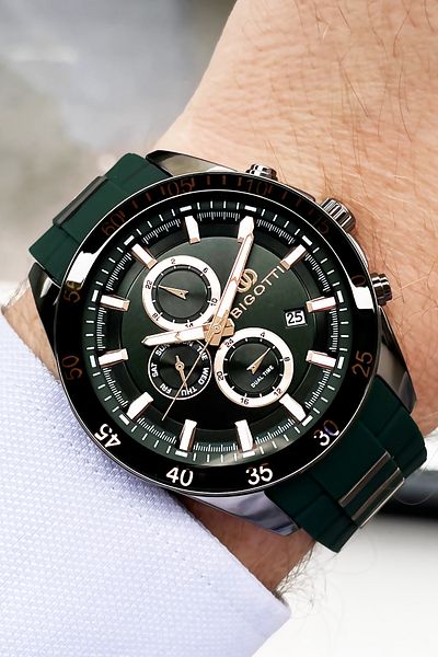 Bigotti Silicone Band Men's Wristwatch 5 ATM Waterproof Green Color + Bracelet BMER2003C4