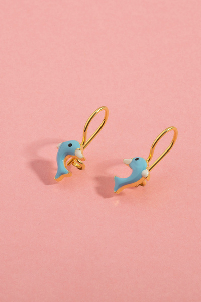 By More 925 Ayar Gümüş Mineli Yunus Balığı Figürlü Çocuk Küpesi