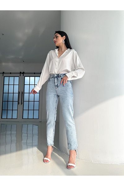 MAKRAS EXCLUSIVE Jean MR Jean pentru femei Blue Snow Wash cu talie înaltă Mom Mold Jean