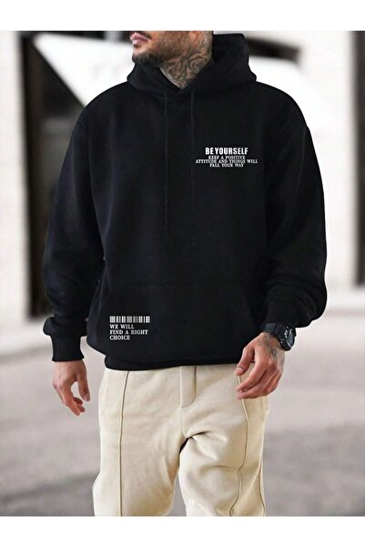 MYDARKSTYLE Men's Black Be Yourself Printed Oversize Hooded Sweatshirt