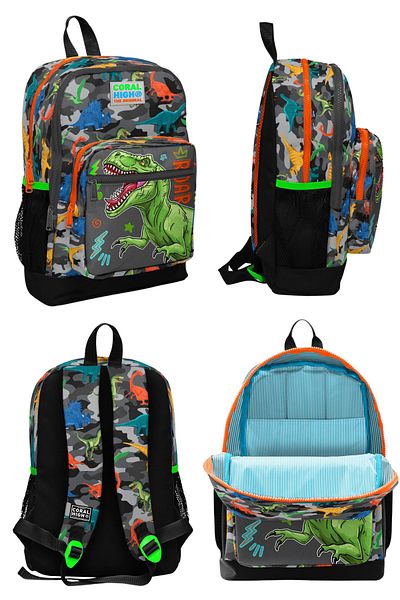 Coral High DinoSaur Patterned Black Gray School Backpack - Set of 3 Lunch and Pencil Bag