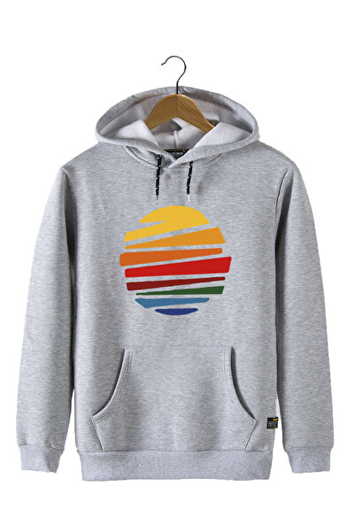 Terapi Men Unisex φούτερ με γκρι κουκούλα μπροστά Sun printed Slim Fit Kangar...