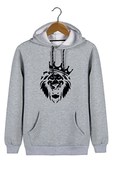 Terapi Men Hanorac unisex gri cu glugă, imprimat cu leu, slim fit, buzunar ca...