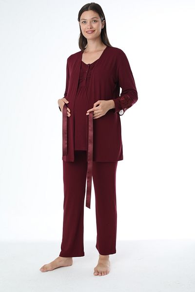 Miss Dünya Lissa Dark Claret Red Maternity Long Sleeve Maternity Pajamas Set with Dressing Gown