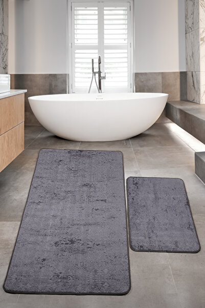 Teksev Nova Antrasit Büyük Boy 80x150 + 50x80 cm 2'li Banyo Halısı Paspas Set...
