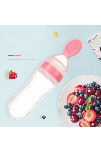 safestore Baby Food Bottle with Spoon, Squeeze Spoon Bottle Newborn Supplementary Food Spoon Bottle Without Bpa (PINK)