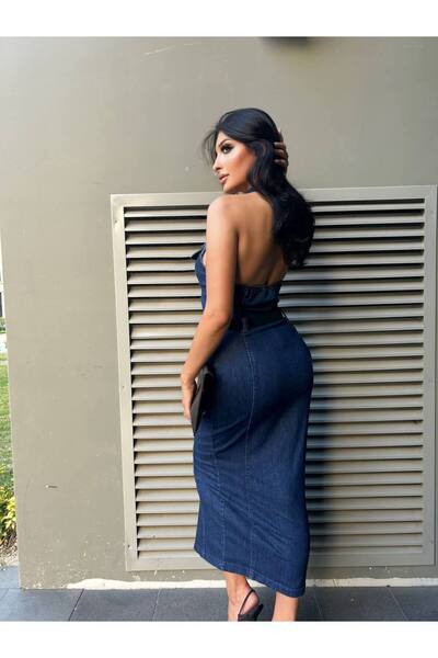 modakyra Kadın Sırt Dekolte Yakalı Kemerli Kot Elbise