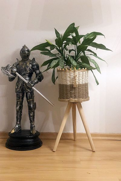 Monchi 46cm Footed Jute Braid - Wicker Basket, Wooden Flower Pot, Natural White Rope Braid
