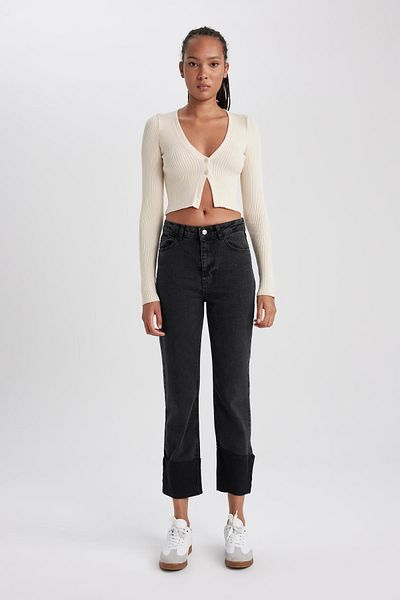DeFacto Mary Vintage Straght Fit High Waist Folded Leg Long Length Jean Trousers A7007ax23au
