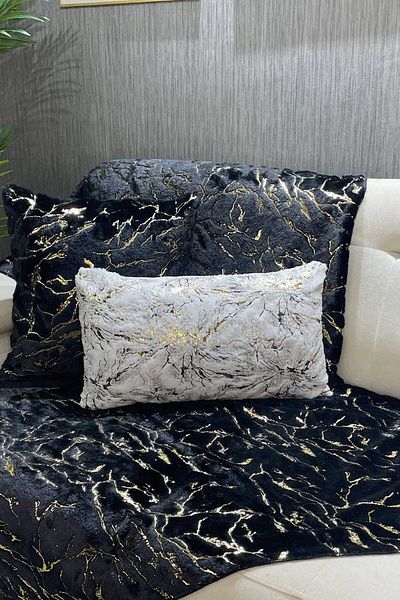 Paris Life Plush Leafed Sofa Throw - Black (Gold Marble Pattern)