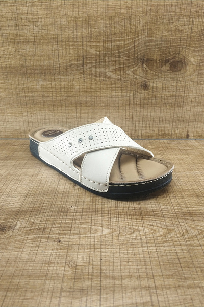 Apella Ortopedik Taban Çapraz Taşlı Bej Ev Ve Dışarı Kadın Terliği Trl0002