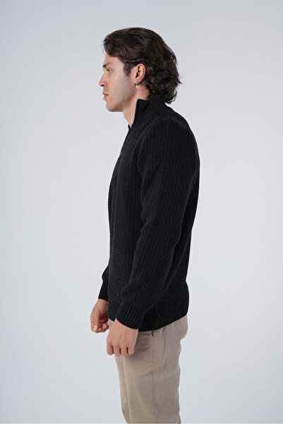 Trist Star Черен мъжки къс плетен вълнен пуловер с цип и яка тип „зигзаг“