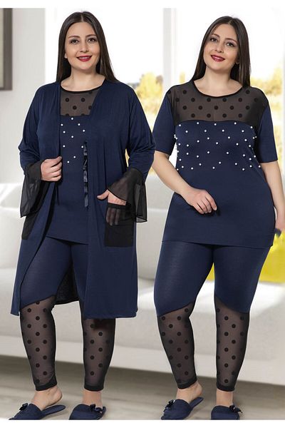 JENİKA Women's Large Size 3-Piece Pajamas Set with Dressing Gowns
