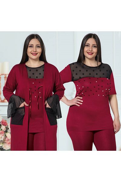JENİKA Women's Large Size 3-Piece Pajamas Set with Dressing Gowns
