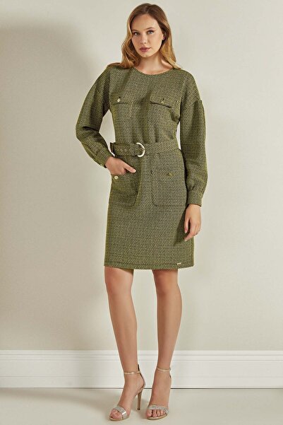 Guitar Green Knitted Dress with Balloon Sleeves