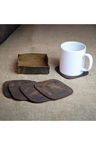 Modica Kahverengi 5’li Bardak Altlığı, Deri Bardak Altlığı, Ofis Aksesuarı, M...