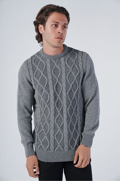 Trist Star Gray Men's Hair Braided Run Crew Neck Knitwear Wool Sweater
