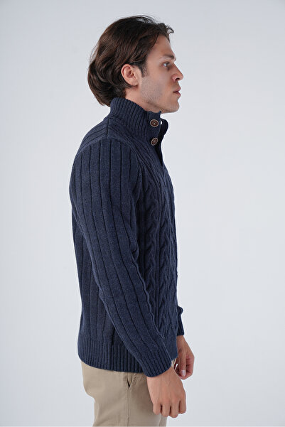 Trist Star Navy Blue Men's Hair Braided Execution Back Sleeve Ribbed Buttoned Knitwear Wool Sweater