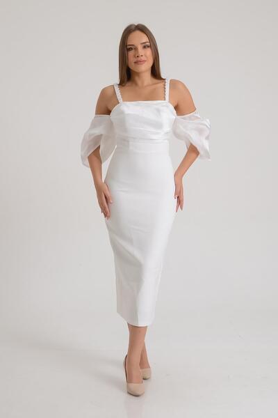 SpringStore Ekru Balon Kol Kısa Abiye Elbise