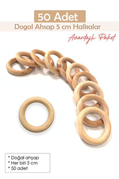 Ege Tasarım Evi 50 Adet 5cm Ham - Doğal Ahşap Halka, Diş Kaşıyıcı , 50mm