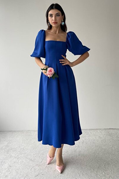 bayansepeti Жіноча атласна тканина з коротким рукавом повітряна куля без бретелей комір плісирований Клос виріз міді довжина Saks синя сукня 167