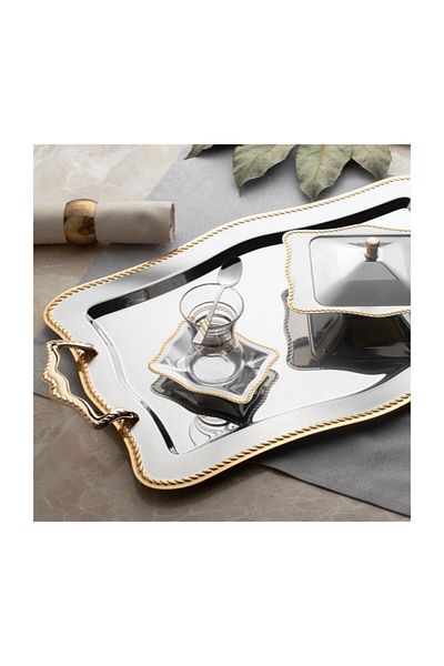 Nehir Chain Gold Plain Steel Tea Tray